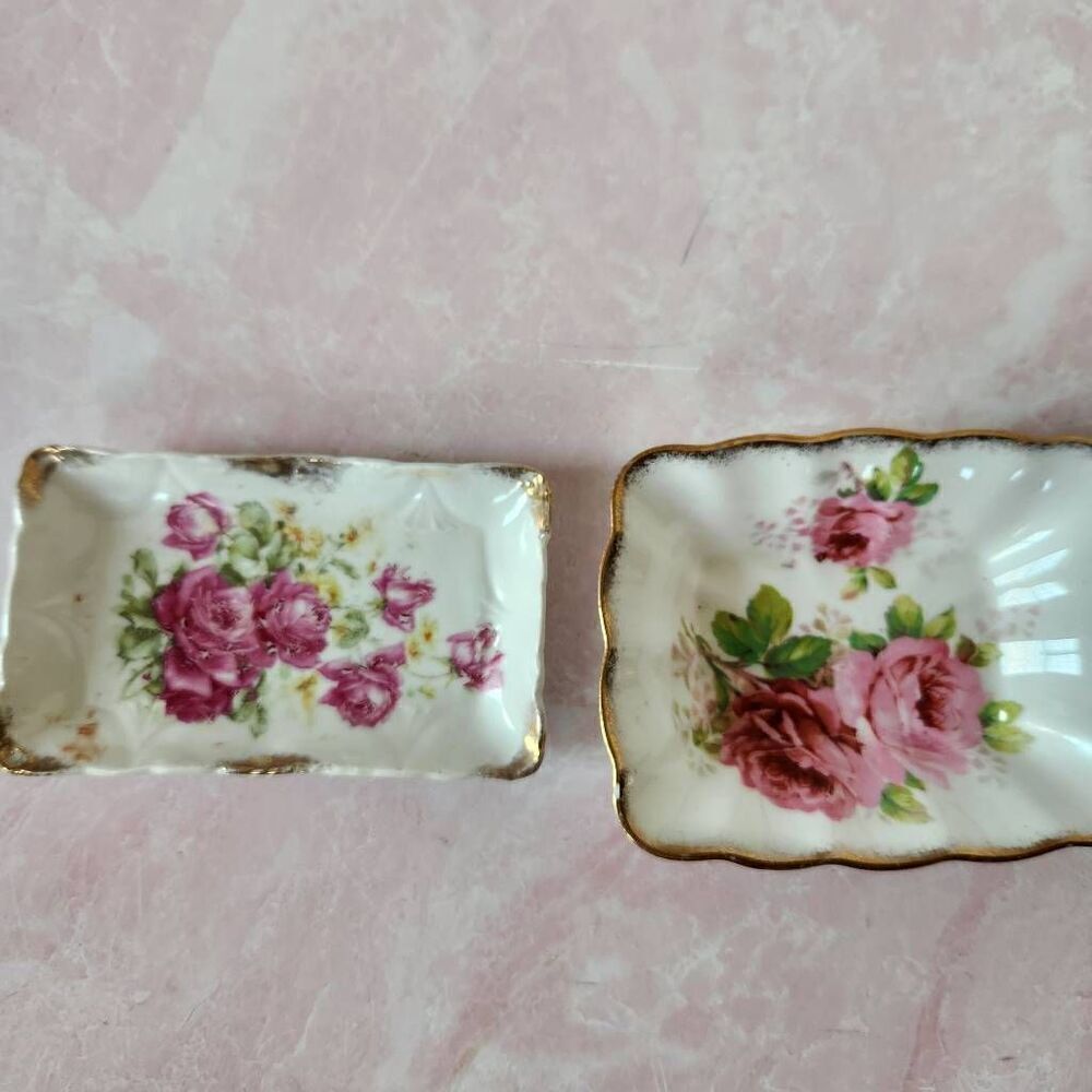 Vintage floral trays pin jewelry display American beauty Royal Albert bone china